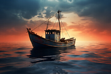 Fishing boat on the ocean, fishing boat during sunset on the ocean