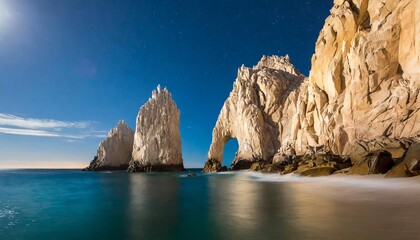 famous arches of los cabos mexico baja california sur rocky formations at moonlight background