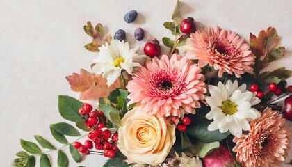autumn pastel composition made of beautiful flowers and berries on light backdrop floristic decoration natural floral background - obrazy, fototapety, plakaty