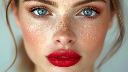  A high-resolution photo focusing closely on a female's countenance, displaying freckles scattered across her visage and vibrant lipstick staining her pout - obrazy, fototapety, plakaty