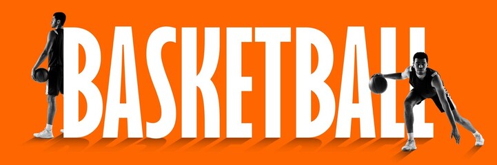 Young man, basketball player with ball on orange background with giant basketball word. Concept of sport, active and heathy lifestyle, training, fitness. Poster, banner, ad