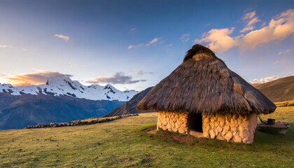 Fototapeta na wymiar a lonely thatched roof hut in the peruvian highlands at the cold sunset horizontal