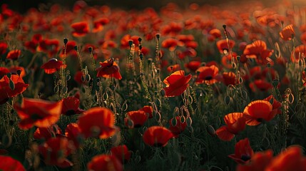 vivid beauty of blooming red poppies in a mesmerizing close-up shot, showcasing their delicate petals swaying in a picturesque field