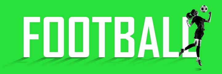 Young woman, football player in motion with ball on green background with giant football word. Concept of sport, active and heathy lifestyle, training, fitness. Poster, banner, ad