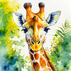 Watercolor illustration of cute giraffe on white background. Wildlife concept. Adorable creature.