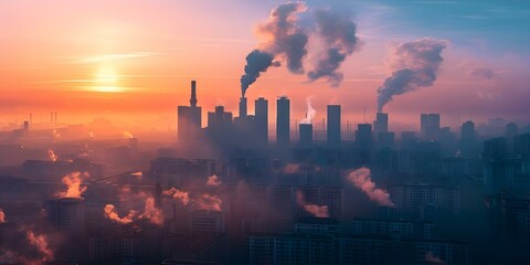 City skyline obscured by factory smog: A visual representation of air pollution and environmental concerns. Concept Air Pollution, Environmental Concerns, Factory Smog, City Skyline