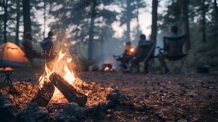 Forest Campfire People Sitting on Chairs in Background
