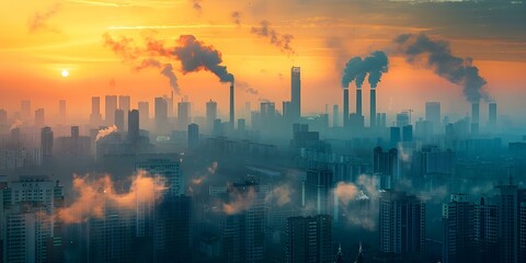 City skyline obscured by factory smog: Depicting air pollution and environmental concerns. Concept Cityscape, Smog, Air Pollution, Environment, Concerns