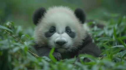 Fototapeta premium A panda bear, looking sad, lies amidst tall grass, the camera capturing its close-up