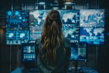 Woman in control room monitors servers with advanced technology for cybersecurity company. Concept Female IT Professional, Cybersecurity Technology, Server Monitoring, Control Room