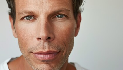 Close-Up of a Confident Man with Intense Blue Eyes - obrazy, fototapety, plakaty