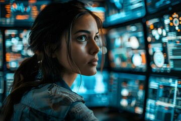 Monitoring Servers in Control Room: Woman Utilizes Advanced Technology for Cybersecurity Company. Concept Cybersecurity Technology, Advanced Monitoring, Control Room Setup, Female Professional