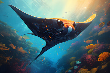 Manta ray underwater, underwater world manta ray fish - obrazy, fototapety, plakaty