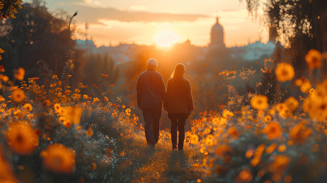 Couple of elderly man and woman who hug and love each other in a sunset, which shows that love has no age