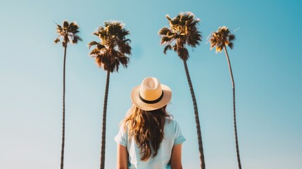 Summer beach vacation concept, Happy woman with hat relaxing at the seaside and looking away, in the summer against a backdrop of palm trees.