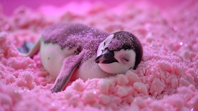  A pair of tiny penguins resting on a mound of pink objects atop a bed of pink objects
