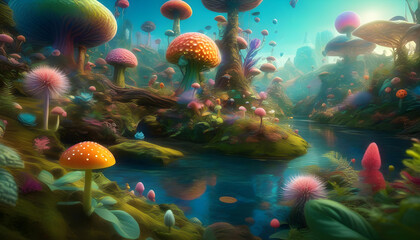 A colorful and surreal landscape with strange plants and animals