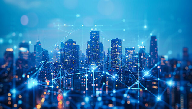 Networking and connectivity in a digital city, abstract design of modern skyscrapers with a global networking concept