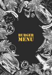 Burger Menu. Hand-drawn illustration of dishes and products. Ink. Vector	 - 762645724