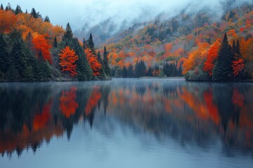 Misty Autumn Lake Surrounded by Vibrant Foliage Reflecting on Water