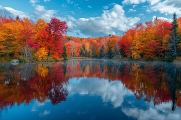 Naklejka na ściany i meble Autumn Splendor Reflects on Serene Lake in a Tranquil Forest