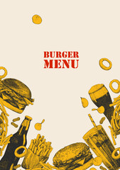 Burger Menu. Hand-drawn illustration of dishes and products. Ink. Vector	