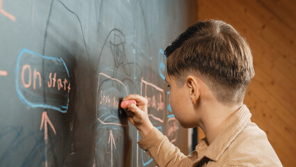 Panorama shot of smart boy writing engineering prompt on blackboard. Attractive student planing a...
