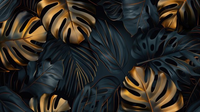 Fototapeta Gold and black tropical leaves texture