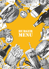 Burger Menu. Hand-drawn illustration of dishes and products. Ink. Vector	