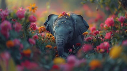  A majestic elephant gracefully standing amidst a field of vibrant flowers, with its trunk reaching towards the sky