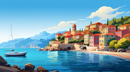 Fototapeta na wymiar Generative AI A beautiful Mediterranean coastal town with colorful houses. vector cartoon graphic