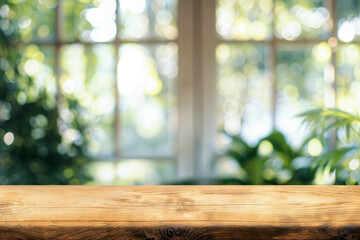 Product display concept with nature background. Wooden tabletop with a blurred garden view through windows. High quality photo