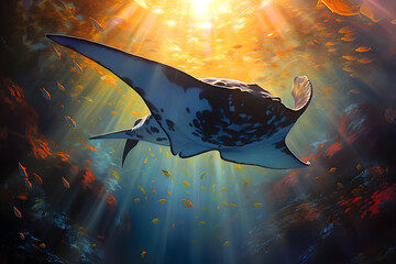 Manta ray underwater, underwater world manta ray fish