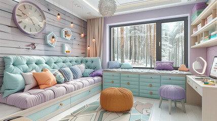 Clean lines and light tones define this stylish children's bedroom, offering a contemporary - obrazy, fototapety, plakaty