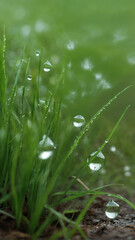 Droplets of water and dew in the grass and on the ground after a rain shower. Petrichor, the scent of the earth after rain. Macro. Close-up.