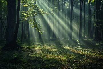 Sunbeams stream through the canopy in a peaceful forest glade, casting a magical glow over the verdant underbrush in a timeless natural scene. - obrazy, fototapety, plakaty