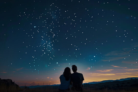 A couple enjoys a serene moment under the night sky, filled with countless stars, sharing a connection as profound as the universe above them.