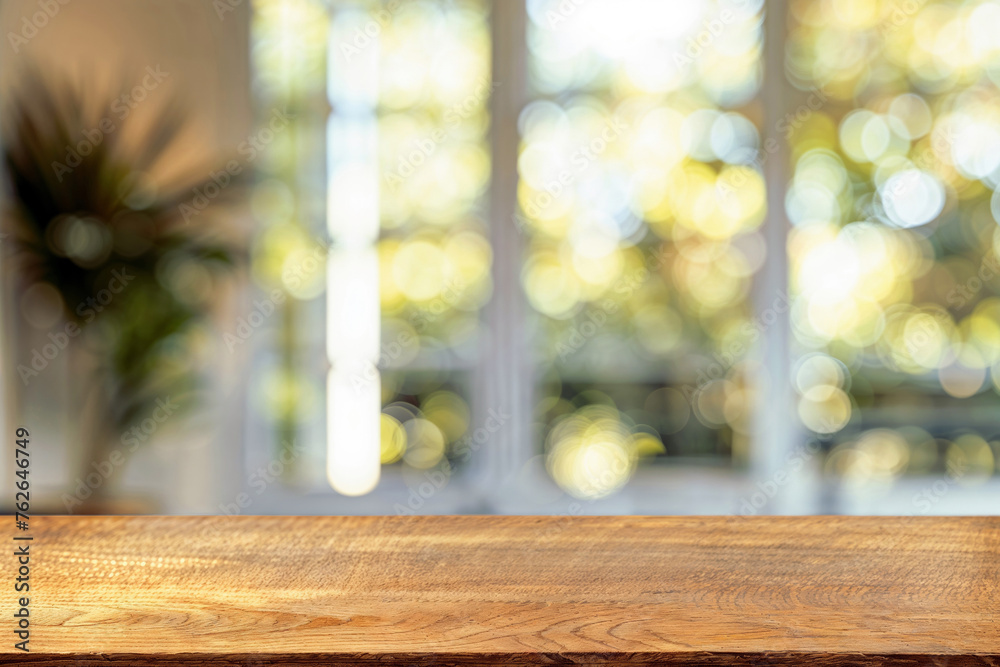 Aufkleber wooden countertop with a bokeh light effect through large windows in a bright interior. high quality
