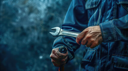 Mechanic is holding wrench in the hand, repair service at car workshop garage