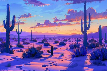 A vibrant illustration captures the serene beauty of desert flora under the twilight glow with mountains stretching into the distance.