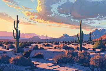 Early morning light washes over a peaceful desert scene, highlighting the varied textures and forms of the desert flora. - obrazy, fototapety, plakaty