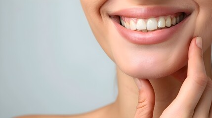 Fototapeta premium Close-Up Caucasian Woman's Beautiful Teeth Hand Touching Chin