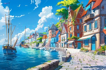 The charm of a seaside village is captured in this bright, watercolor-inspired illustration, with boats docked along the sunlit wharf. - obrazy, fototapety, plakaty