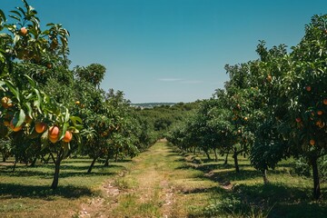 Fototapeta na wymiar A sunny path winds through an orchard with peach trees heavily laden with ripe fruit, promising a bountiful harvest.