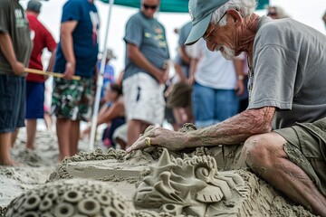 An elderly artist sculpts with sand on the beach, surrounded by an audience captivated by the skillful transformation of sand into art. - obrazy, fototapety, plakaty