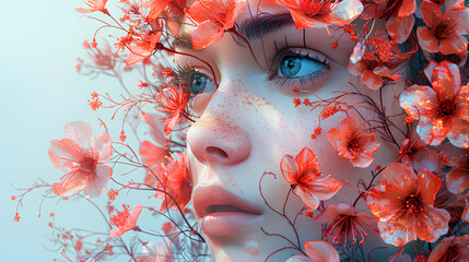 Beautiful portrait of surreal beauty with floral and geometric motifs.