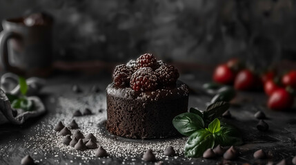 Chocolate lava cake topped with raspberries | Icing sugar dusting | Basil leaf accent | Dark moody background | Selective focus | Food photography | Dark chocolate chips | Wooden surface | Subdued lig - obrazy, fototapety, plakaty