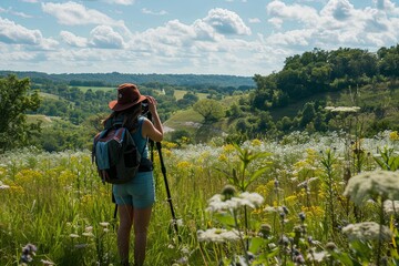 A female hiker with a camera and tripod captures the panoramic beauty of the countryside, surrounded by wildflowers and rolling hills under a cloud-speckled sky.