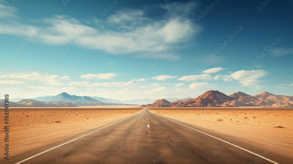 Poster Generative AI Deserted Highway Leading Away ::1 photo portraying an aerial perspective of an empty highway extending into the arid desert landscape --ar 16:9 --stylize 250 --v 5.2 Job ID: 0fe28a43-18d