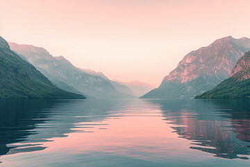 Fototapeta na wymiar Early morning light bathes alpine mountains and a placid lake in a soft pink glow, offering a scene of pure tranquility.